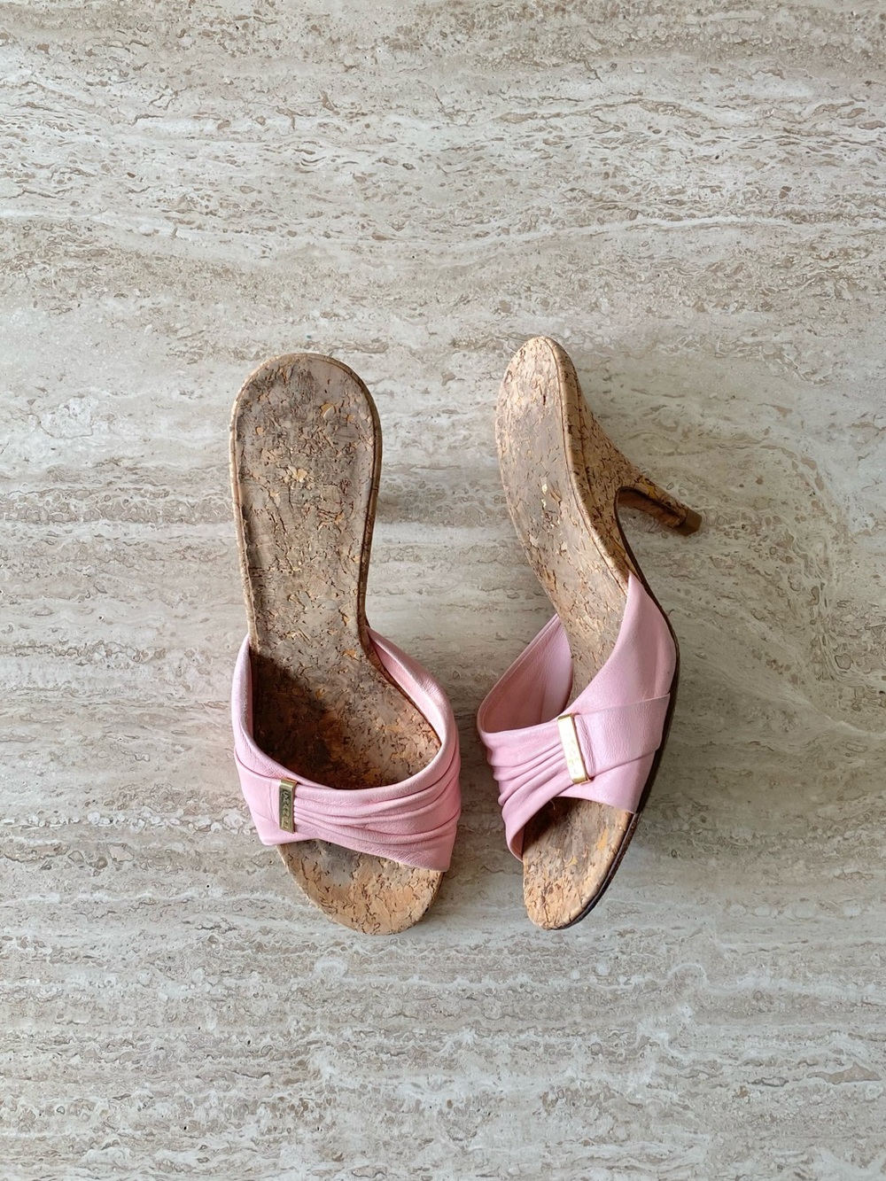 Vintage Chanel Gold Bar Logo Cork Sandal Heels